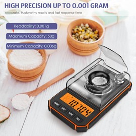 OQIMAX Digital Pocket Scale, 50g/0.001g Milligram Scale, Portable Jewelry Kitchen Scale with 50g Calibration Weights and Tweezers, 6 Units, Tare Function, Potable Smart Scale with LCD Backlit, Orange