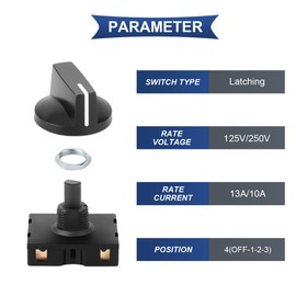 Xiatiaosann 4 Pcs Rotary Switch 13A-125V/10A-250V 4-Position 3-Speed Universal Selector Latching Switches for Electrical Projects, Heater, with Knob Cap