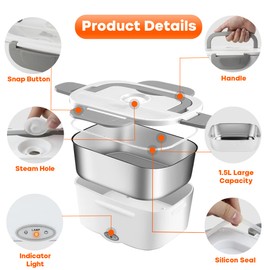 Electric Lunch Box Food Heater | Ultra Quick Heated Lunch Box for Adults 40 W | Portable Lunch Warmer 12/24V for CAR,110V/210V for Home with 1.5L Stainless Steel Container Spoon fork & insulated bag