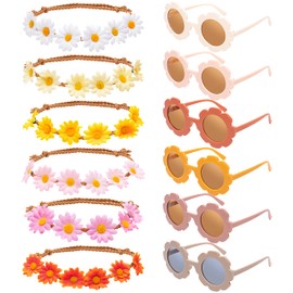 12Pcs Hippie Boho Flower Sunglasses Headbands Costume Set 60s Festival Party Gifts Favors Groovy Retro Daisy Flower Crowns