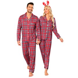 SWOMOG Matching Couple Christmas Pajamas Set Long Sleeve Festival Party Pj Set Button-Down Sleepwear Red Stewart Plaid Small