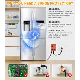 Refrigerator Surge Protector, 3-Outlet 120V for Home Appliance Surge Protector, Time Delay, LED Indicator Light & 110dB Alarm, Protects Against Voltage Abnormalities, Brownout, Spike, Instant Surge