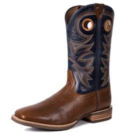 Palitutu Cowboy Boots for Men Square Toe Full Grain Leather Pull On Embroidered Western Boots Slip Resistant(PLT103604-10D-Brown/Navy)