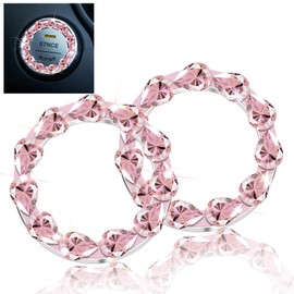 Soleebee 2 PCS Bling Car Engine Start Stop Trim Ring for Women, Crystal Rhinestone Car Push Start Button Cover/Sticker, Key Ignition and Knob Bling Ring (Pink)