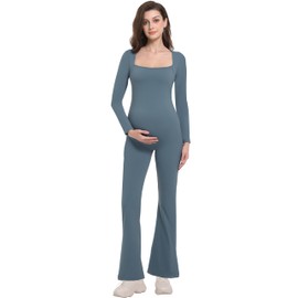 Foucome Maternity Jumpsuit Long Sleeve Square Neck Full Length Flare Pants Romper Pregnancy Shapewear Bodysuit, Blue, L