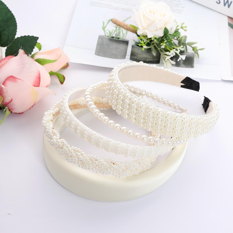 Avxdbr 5Pcs White Pearl Headbands for Women Faux Pearls Wide