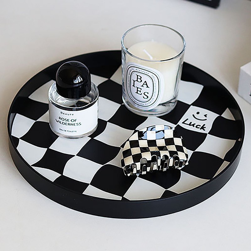 Round Storage Organizer Tray Checkerboard Design Plate Container Tray for