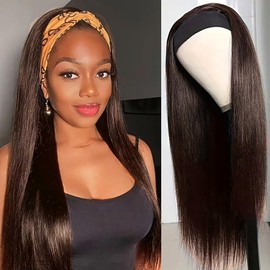Unvizossa Straight Headband Wig Human Hair Chocolate Brown Headband Wigs for Black Women Glueless None Lace Front Human Hair 12 Inch None Lace Front Human Hair Machine Made Wigs 150% Density
