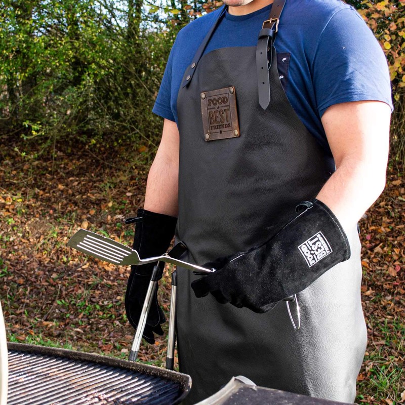 Premium Barbecue Gloves Made of Genuine Quality Leather, Black, DIN