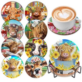 8 Pcs Diamond Painting Coasters with Holder,Cow Diamond Art Coasters 5D DIY Art Coasters Kits Round Full Drill Diamond Art Craft Supplies for Adults Kids,Beginners