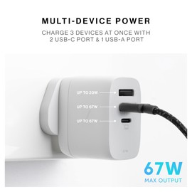 Native Union Fast GaN Charger PD67W – Ultra-Compact Three-Port Power Delivery Enabled USB-C & USB-A Travel Charger – Up to 67W – MacBook Pro, iPads, iPhones, Pixel, Galaxy & More (White)