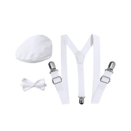 A&J DESIGN Toddler Suspenders and Bow Tie Set Boys Newsboy Hats Christening Baptism Outfit Wedding Accessories White 2-3T