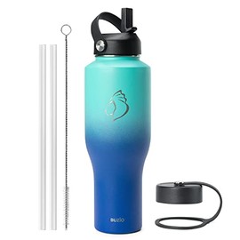 BUZIO - Vaso aislado de 40 onzas con popote y tapas, botella de agua de acero inoxidable que se adapta a cualquier portavasos de coche, frasco de meta