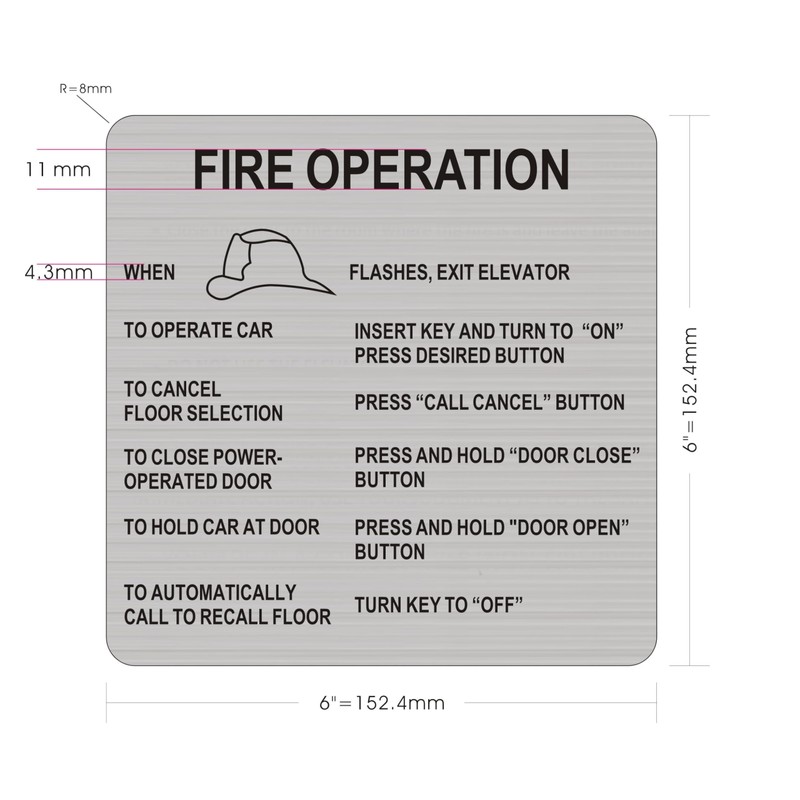 FIRE OPERATION SIGN FOR ELEVATOR (Brush Silver Aluminum, SIZE6X6INCH, DOUBLE