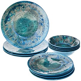 Radiance Teal 12pc Melamine Dinnerware Set – Service for 4 Plates and Bowls Set, Outdoor Dinnerware, Coastal Dishes, Unbreakable, Dishwasher Safe, Heavyweight Melamine, Rustic Look