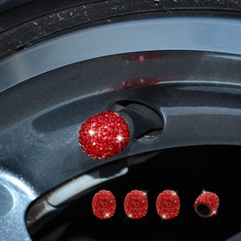 4 Pack Car Tire Valve Stem Caps, Bling Valve Stem Caps, Crystal Rhinestone Car Tire Caps, Car Wheel Tire Valve, Bling Car Accessories Tire Caps Universal for Cars, Trucks and Motorcycles (Red)
