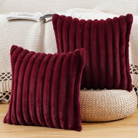 Madizz Set of 2 Faux Fur Plush Decorative Throw Pillow Covers 24x24 inch, 60x60 cm, Burgundy Fluffy Striped Soft Decorative Cushion Cover for Sofa Bedroom Pillow Shell