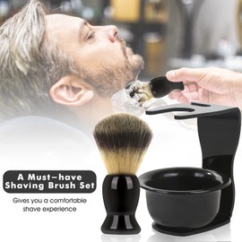 Mens Shaving Brush and Bowl Set, 3 in 1 Shaving Brush Set for Men with Shave Brush Bowl ABS Stand with Razor Slot, Perfect Father's Day Men Gift Set for Wet Shaving Experience - Black