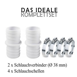 Miuezuth 2 x Hose Connector Hose Nozzle Diameter 38 mm for Pool + 4 Universal Stainless Steel Hose Clamps, 1 1/2 Inch Norma Pool Hose Adapter - Double Hose Nozzle