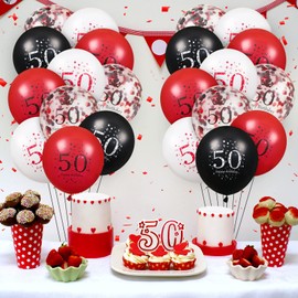 50th Latex Birthday Balloons, 16Pcs Red Black Happy 50th Birthday Balloons Confetti Balloons, Red Black 50th Birthday Party Decorations Balloons for Women Men 50th Birthday, Anniversary Decor