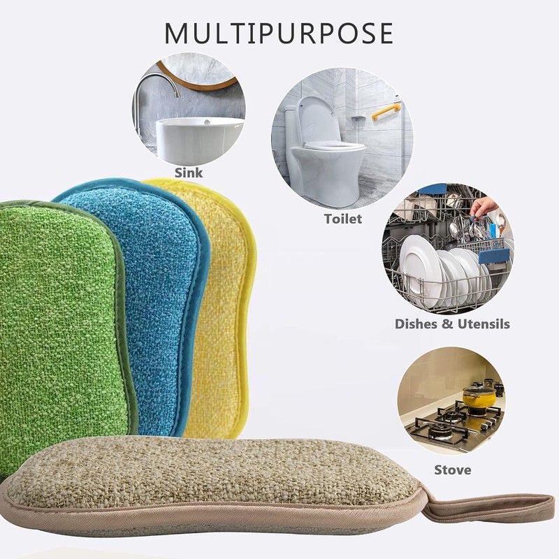 Double Sided Non-Scratch Microfiber Sponges,4Pcs Reusable Double Sided Non-Scratch Microfiber
