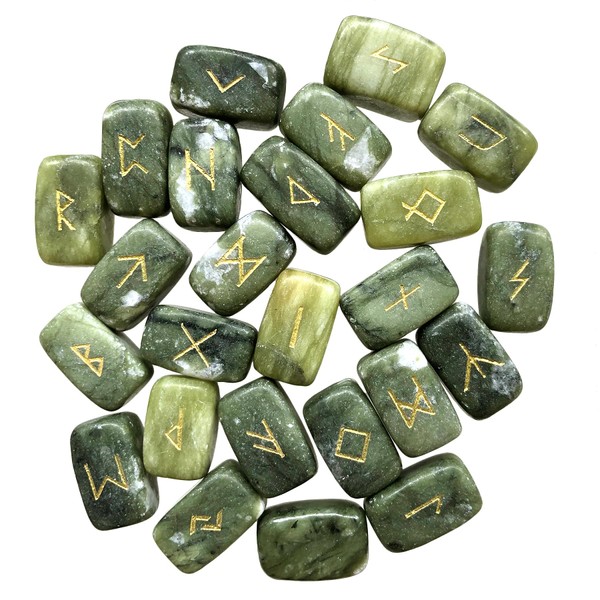 Fekuar Natural Green Jade Rune Stones Set, Engraved Elder futhark Viking Alphabet Runes Gemstone Chakra Balancing Reiki Healing Spiritual Metaphysical, 25Pcs