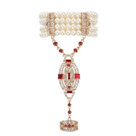 Metme 1920s Flapper Bracelet Ring Set Gatsby Accessories Imitation Pearl Crystal Bracelet Adjustable Ring