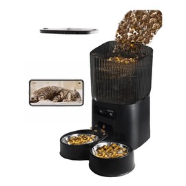 Junbec-Pet Automatic 2 Cat Feeder Camera, Auto Dog Dry Food Dispenser 5L WiFi Pet Timed Electric Small Smart APP Self Feeding Stainless Steel Bowl (Black, 2 Bowls)