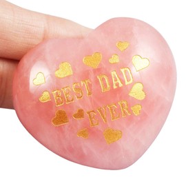 KYEYGWO Natural Worry Gemstone Carved Puffy Heart with Letters for Dad, Rose Quartz Reiki Healing Crystal Love Stone for Collection Decoration Meditation Balancing 1.7"