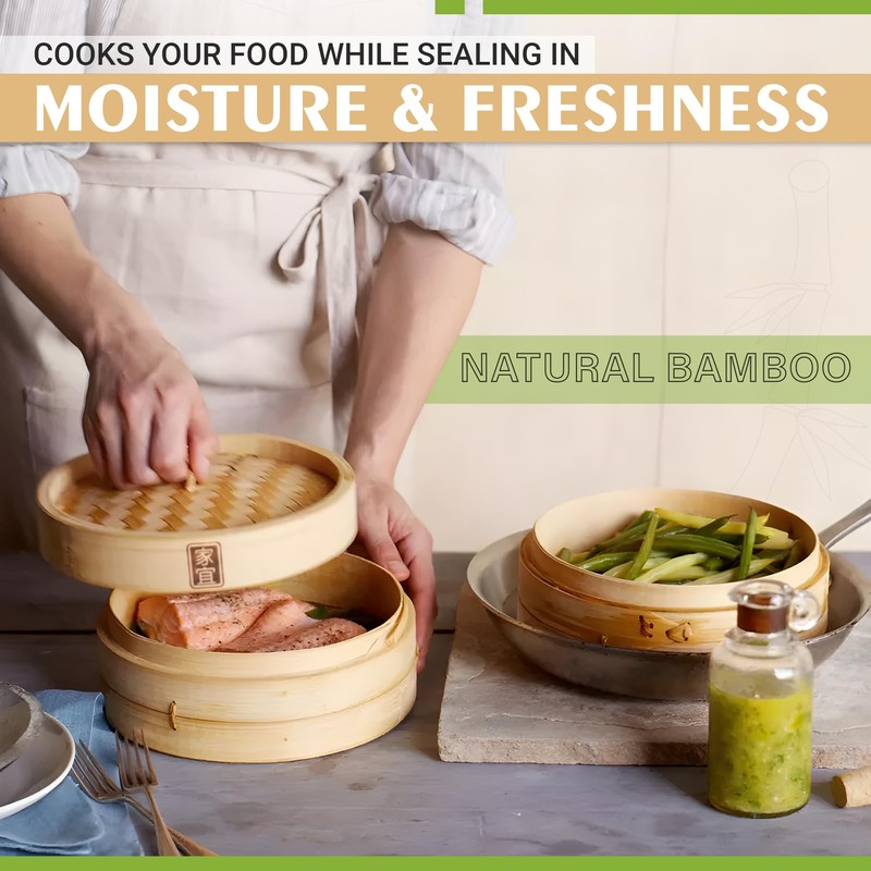 Zoie + Chloe Bamboo Steamer Basket - 2-Tier Dumpling Steamer
