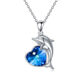 AOBOCO Dolphin Neckalce Gifts 925 Sterling Silver Dolphin Pendant Necklace with Sapphire Blue Heart Crystal from Austria, Sterling Silver, crysal