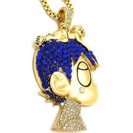 GWOOD Cartoon V Crystal Rhinestone Pendant Necklace Luv(GOLD COLOR LRG WITH BLUE STONES BOX CHAIN)