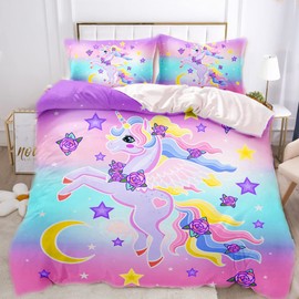 AOXHFNV Pink Unicorn Duvet Cover, Cute Unicorn Eyelashes Girls Children's Bed Linen 135 x 200 cm, Unicorn Motif Bed Linen with 2 Pillowcases (135 x 200 cm, Pink)