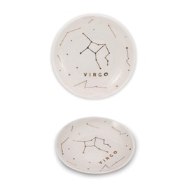 Lucky Feather Zodiac Ring Dish for Women and Girls – Glazed Ceramic Jewelry Tray with Astrological Constellation Depicted in Opulent Metallic Gold - Virgo