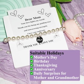 UAREBST Pearl Bracelets for Women, White Stretch Pearl Bracelet with MOM LOVE Letter, Mother's Day Gifts for Mom Grandma, 4mm 6mm 8mm Faux Beaded Bracelets for Mother's Day Birthday Anniversary