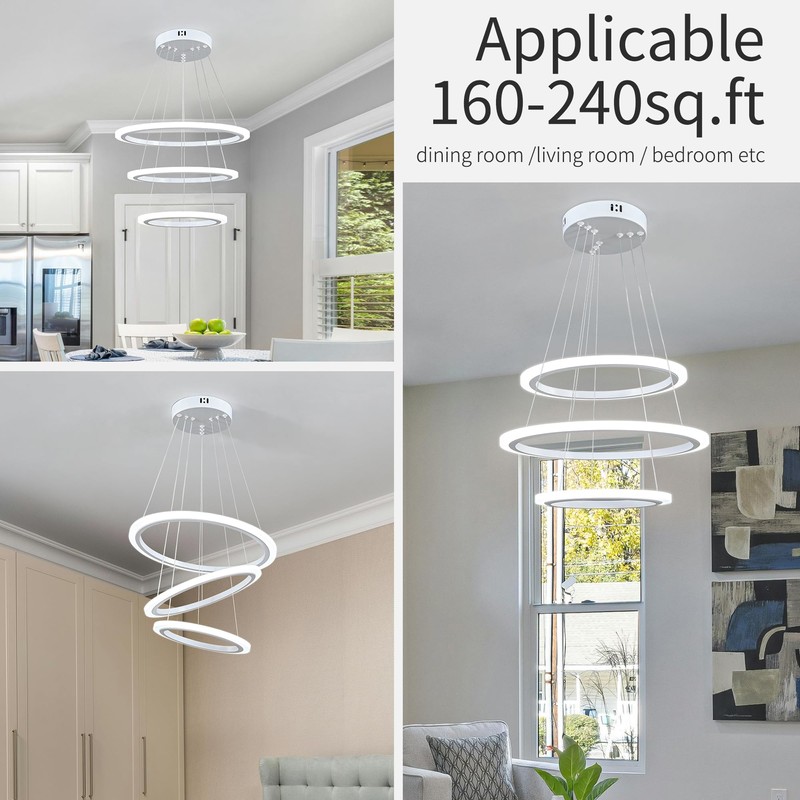O'NEELDY Modern LED Chandeliers White Pendant Light Fixture 3 Ring