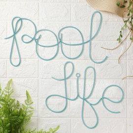 Wesiti 2 Pcs Pool Life Decor Pool Sign Metal Wall Art Decor Summer Beach Tropical Seaside Letter Wire Wall Art Holiday Bathroom Outdoor Swimming Pool Patio Decorations