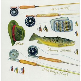 Fishing Rod and Brown Trout Birthday Card, Blank Inside, Vintage Style Illustration blank inside