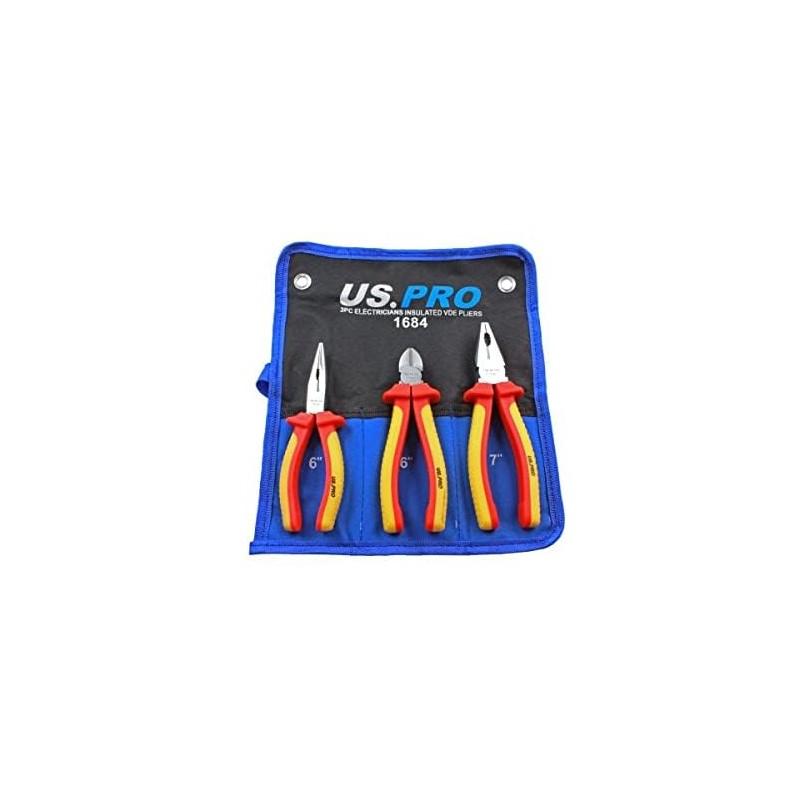 US PRO 3 Piece Electricians Insulated VDE Pliers & Cutter