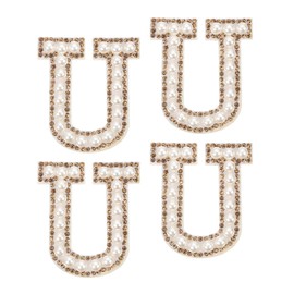 sourcing map 10Pcs Iron on Letters Patches, Letter U Rhinestone Pearl Alphabet Applique English Letter Sew on Patch for DIY Clothing Hat Bag, White Gold