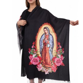 Virgin Mary Shawl Wrap For Women Soft Scarf Blanket Virgen De Guadalupe Gifts (Black)
