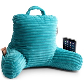 Nestl Cut Plush Striped Reading Pillow for Kids & Teens, Small Back Pillow, Back Support Pillow, Shredded Memory Foam Bed Rest Pillow with Arms, Teal