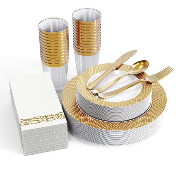 FOCUSLINE 175 Piece Gold Dinnerware Set for 25 Guests- Gold Grid Plastic Plates, Gold Plastic Silverware Cups and Napkins, Fancy Plastic Plates Disposable Set for Party Weddings Birthday