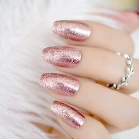 CoolNail Shiny Rose Gold Fake False Nails Coffin Ballerina Nail Tips Shining Sugar Glitter Deco Summer Salon Press on Nail Art Tip