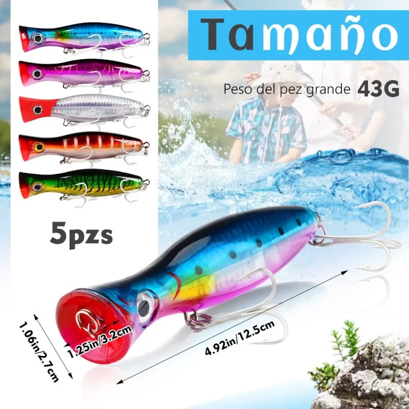 5 Señuelos Popper De 43g Kit Pesca Superficial Mar Playa