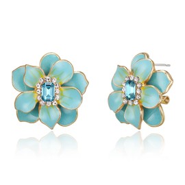 BriLove Cute Flower Ear Studs for Women, Rhinestone Emerald Cut Enamel Leaf Stud Earrings Hypoallergenic Jewelry Gift Green Gold-Tone
