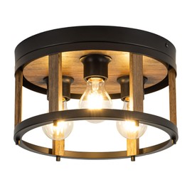 MAYNA 3-Light Retro Farmhouse Flush Mount Ceiling Light, Round Vintage Metal and Wood Ceiling Light Fixtures, Rustic Ceiling Lamp for Kitchen Hallway Entryway Bedroom Dining Room