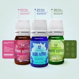 Sz Essentials - Lotus Divine Essential Oils Collection - Blue Lotus + Pink Lotus + White Lotus - Set of 3 Bottles (0.17 Fl Oz - 5ml Each)- 100% Pure, Natural & Undiluted - Therapeutic Grade & Vegan