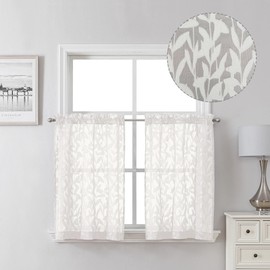 Lecloud Leia Ivory 2 PCS Sheer Kitchen Curtains 30 Inch Length, Breathable Clip Textured Leaf Cafe Bedroom Voile Curtain Tiers, Dual Rod Pockets Jacquard Bathroom Bedroom Drapes, 40 W x 30 L