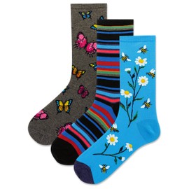 Hot Sox Women's Bee Butterfly Crew Socks 3 Pair, Assorted, Women's 9-11 Shoe